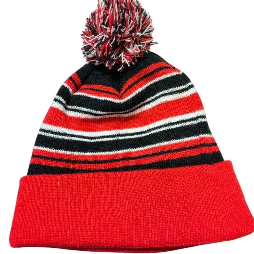 NEW ERA NBA TORONTO RAPTORS POM BEANIE STRIPED ADULT HAT RED BLACK MENS